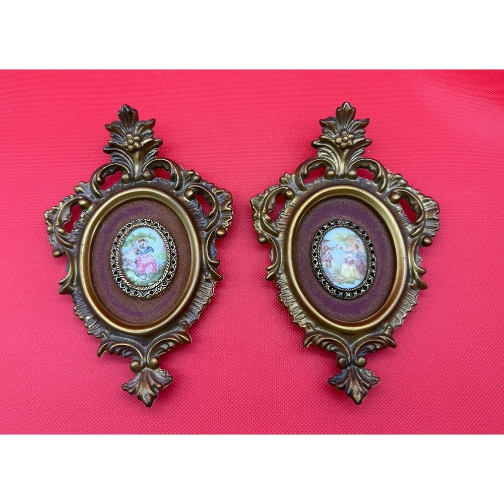 2 Vintage Fragonard Porcelain Cameo Framed Victorian Courting Couple Romantic